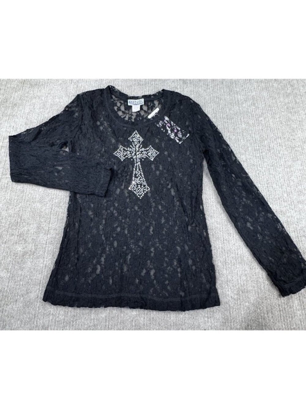 Lace Blouse M Rhinestone Detail Y2K Going Out Rock Sheer Moto Sexy Sheer